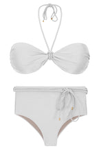 Cargar imagen en el visor de la galería, Product Front: Rio De Sol Conjunto Set Shimmer-White Twist Belted-High-Waist