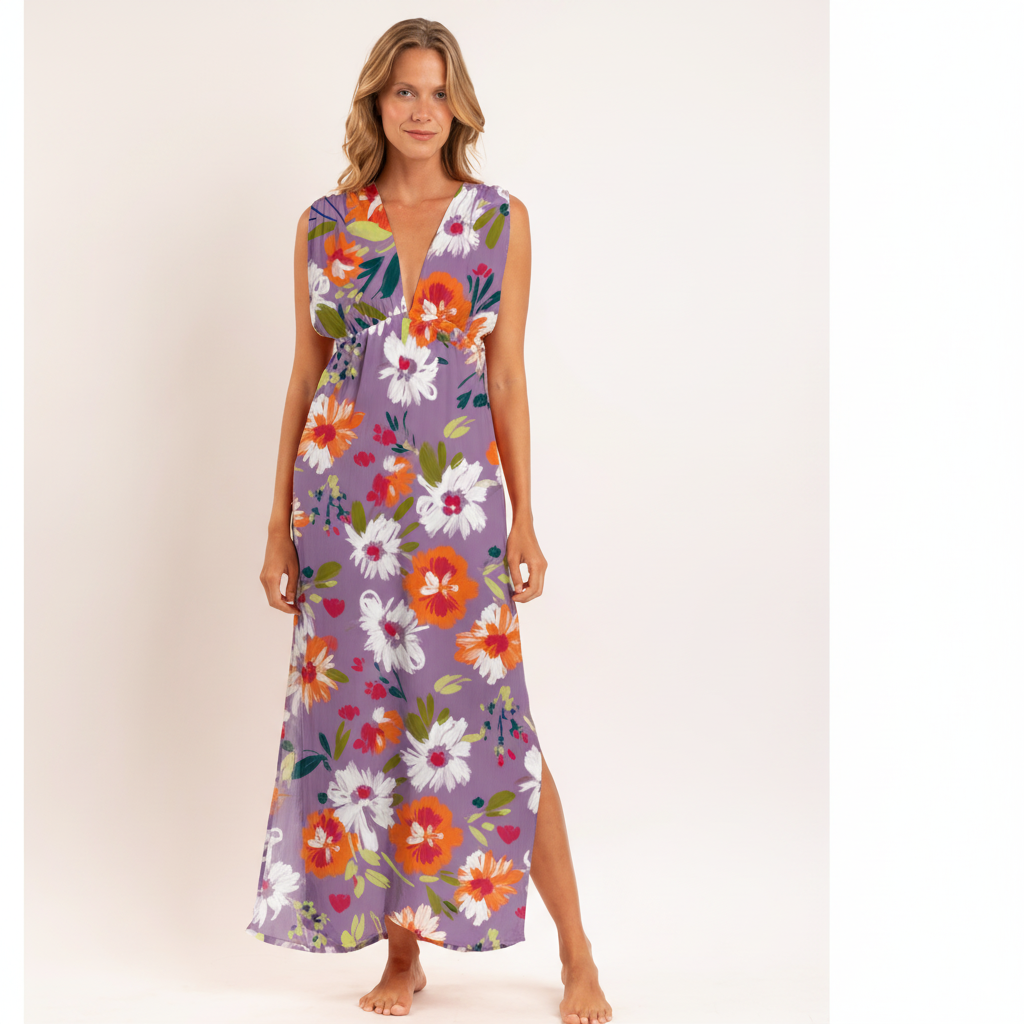 Model Front: Rio De Sol Vestido De Playa Garden-Flower Long Dress Soleil