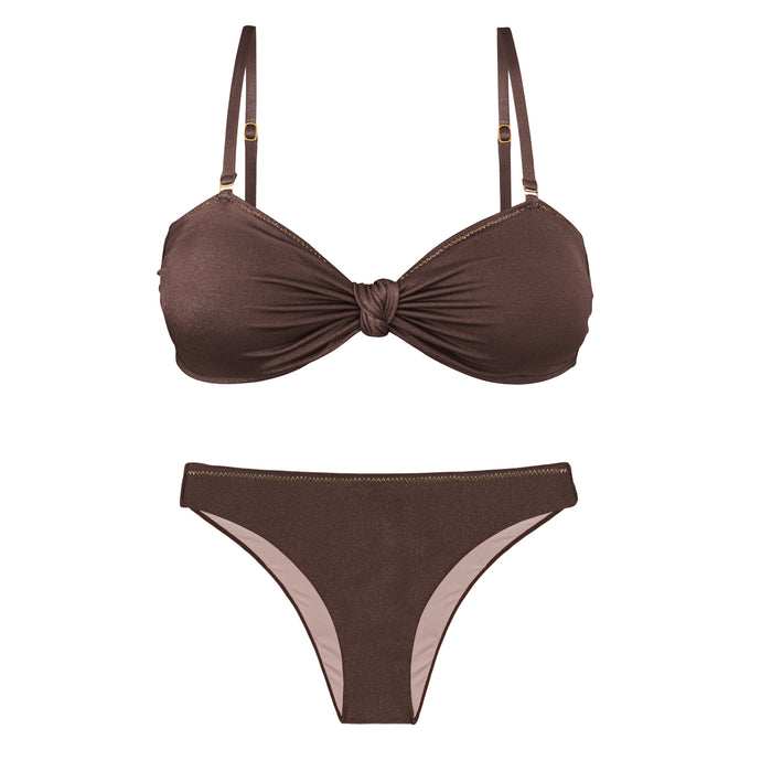Product Front: Rio De Sol Conjunto Set Shimmer-Coffee Bandeau-Joy Essential