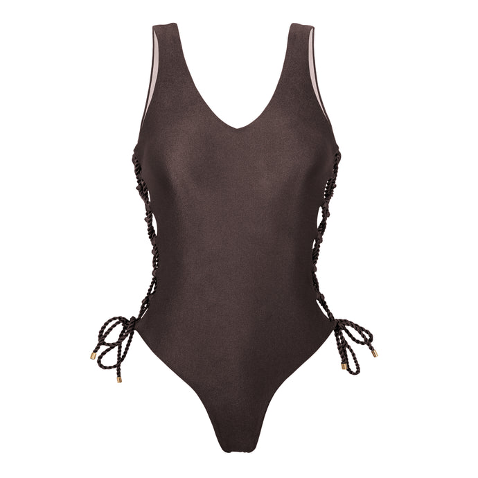 Product Front: Rio De Sol Una Pieza Shimmer-Coffee Zoe